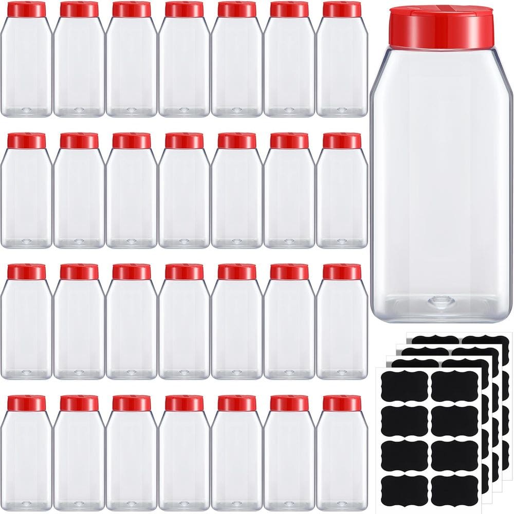 Frascos de especiarias de plástico Mifoci, pacote de 28, 475 ml com tampa de agitador vermelha