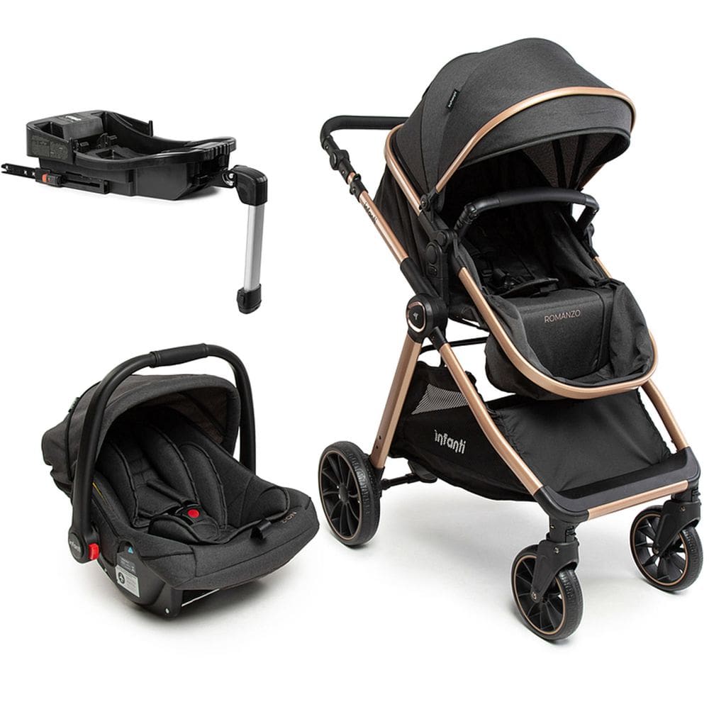 Carrinho de Bebê Infanti Romanzo 3 em 1 Berço Passeio Moisés com Bebê Conforto e Base Isofix Veicular TRIO Travel System 0 a 15 Kg Preto Bronze