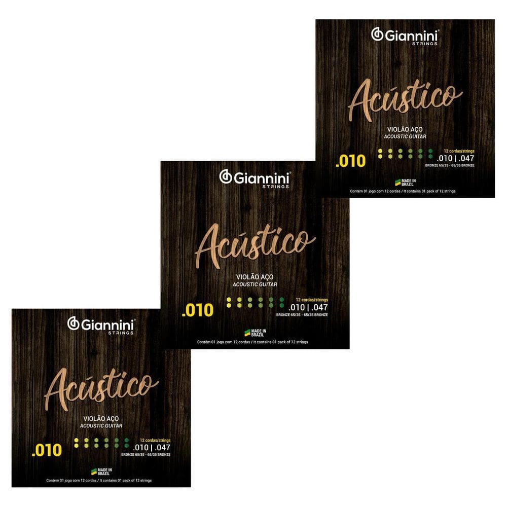 Kit 3 Encordoamento Violão Acústico 0.10 12 Cordas Giannini
