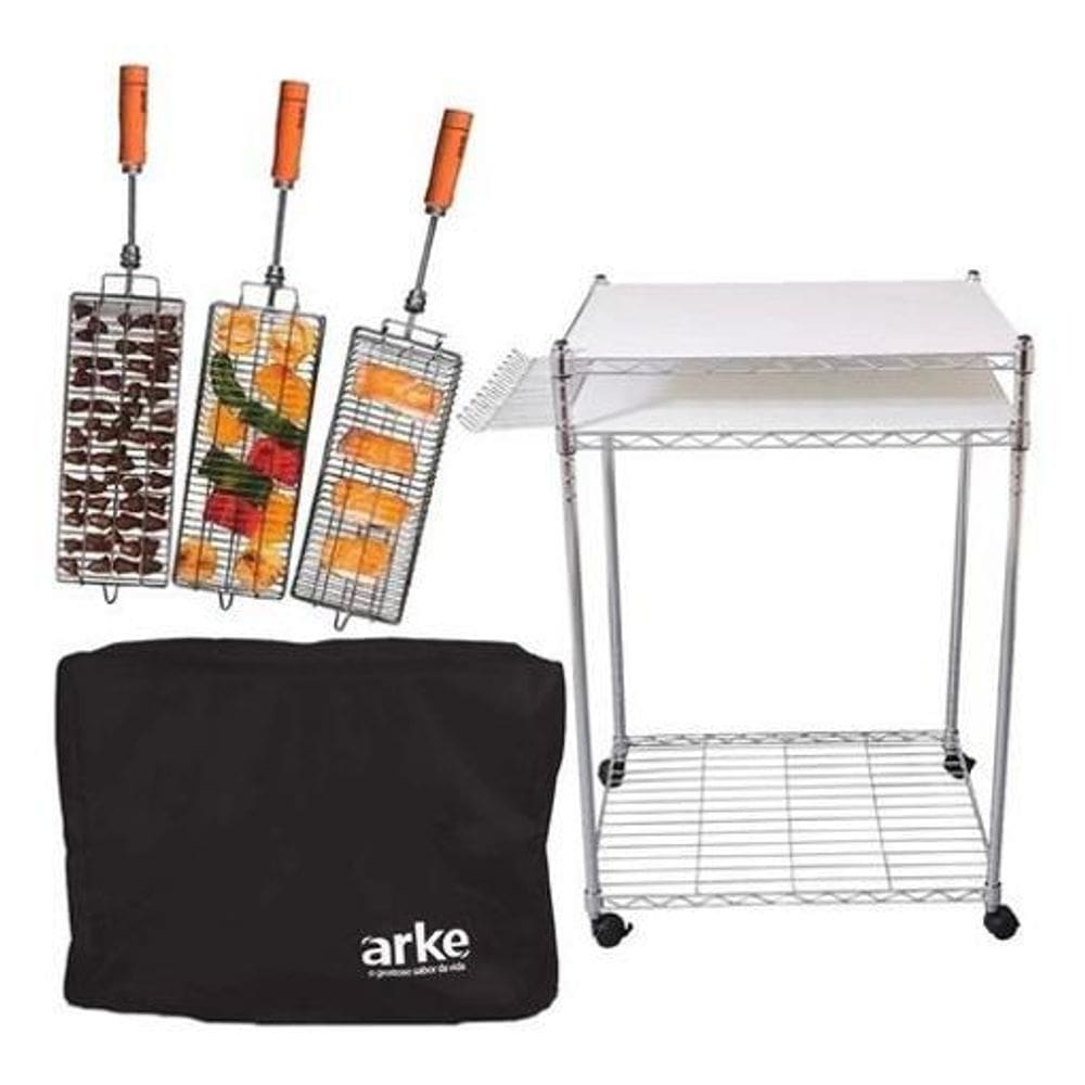 Kit Carrinho Churrasco Mdf + Kit Grelha + Capa Churrasqueira