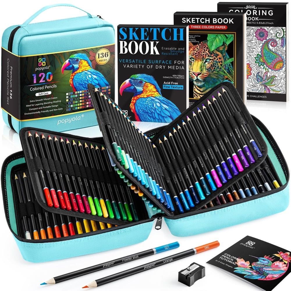 Conjunto de lápis de cor POPYOLA 120 cores com caderno de desenho 136 unidades