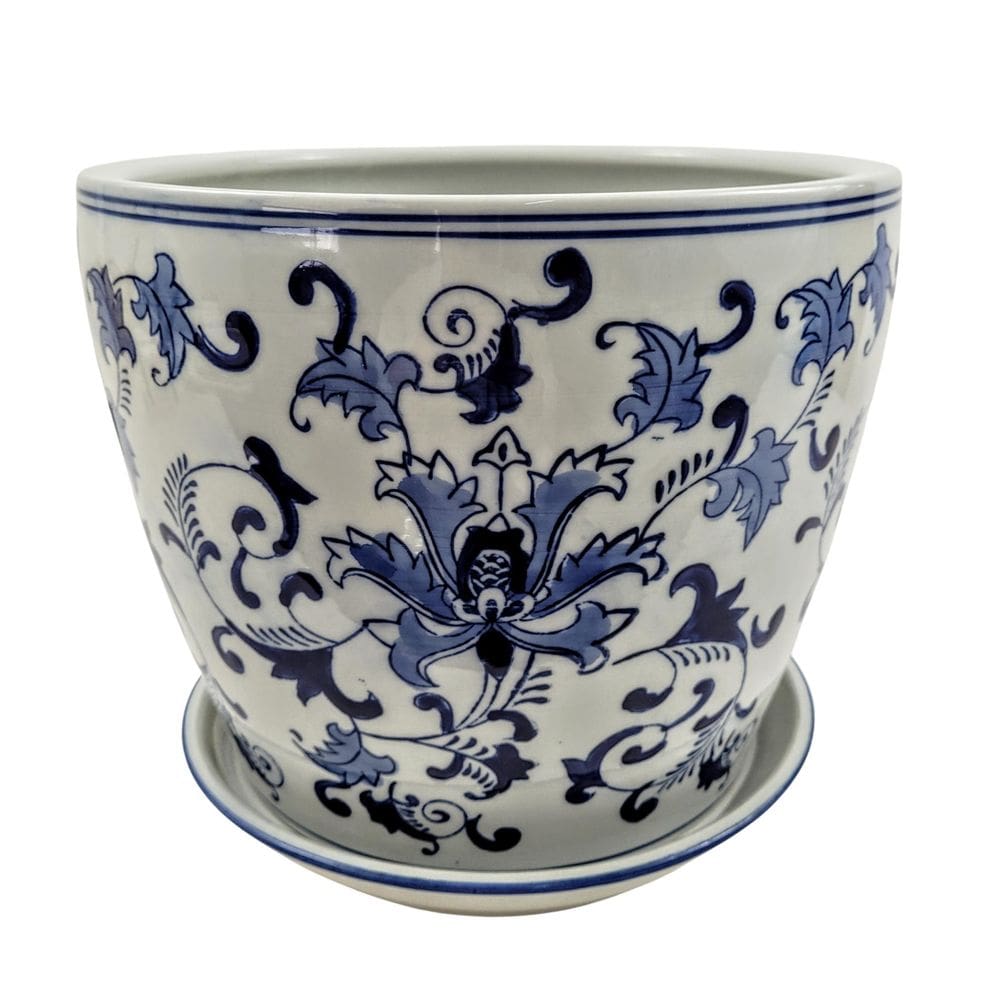 Vaso Cachepot Porcelana Azul E Branco Floral Decoração Gg