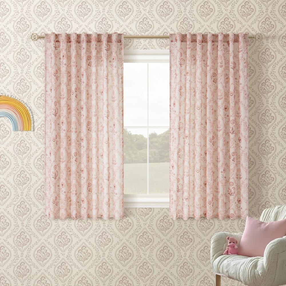 Cortinas TWOPANELS: linho floral rosa 115x114cm, conjunto de 2 painéis