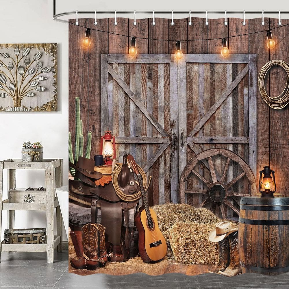 Conjunto de cortinas de chuveiro Jipusai Rustic Barn Door Western Cowboy