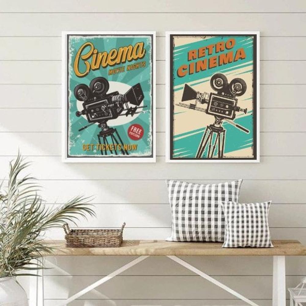 Quadros Sala Cinema Retrô Azul 33X24Cm Vidro, Madeira Bran