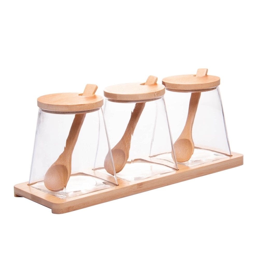 Conjunto 3 Potes 350 ml Vidro com Colher e Bandeja de Bambu Wolff