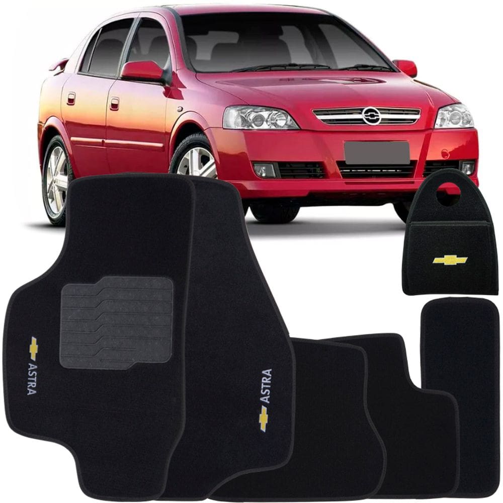 Jogo Tapete Automotivo Carpete + Lixeira Gm Astra 1999 à 2012 Soft Logo Bordado Preto 6 Peças