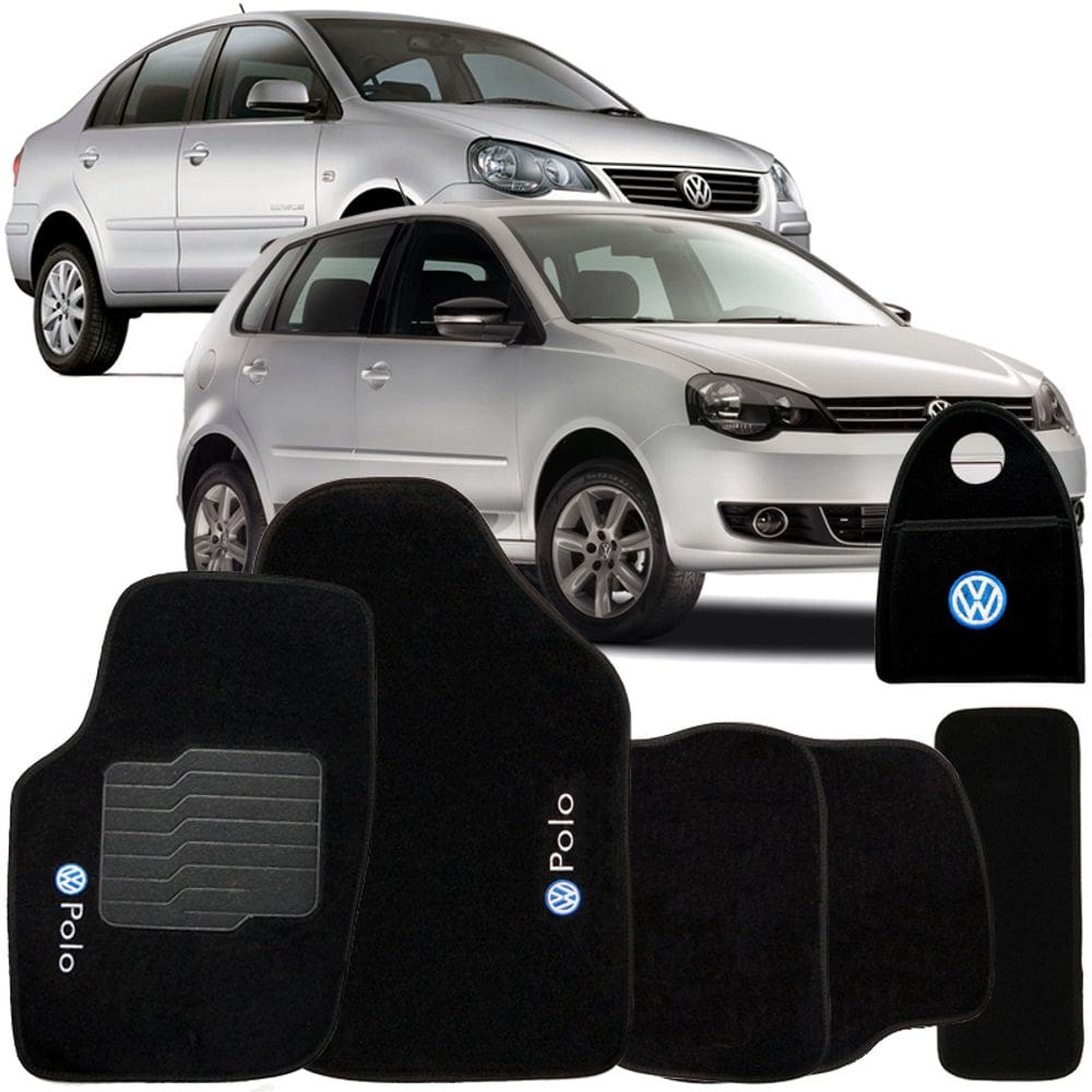 Jogo Tapete Automotivo Carpete + Lixeira Volkswagen Polo 2009 à 2014 Soft Logo Bordado Preto 6 Peças