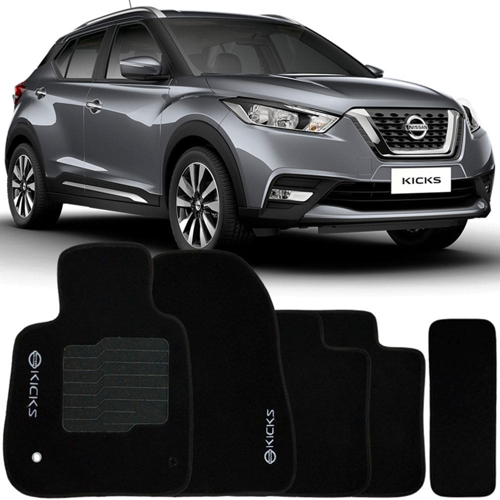 Jogo de Tapete Automotivo Carpete Kicks 2016 à 2019 Soft Logo Bordado Preto 5 Peças