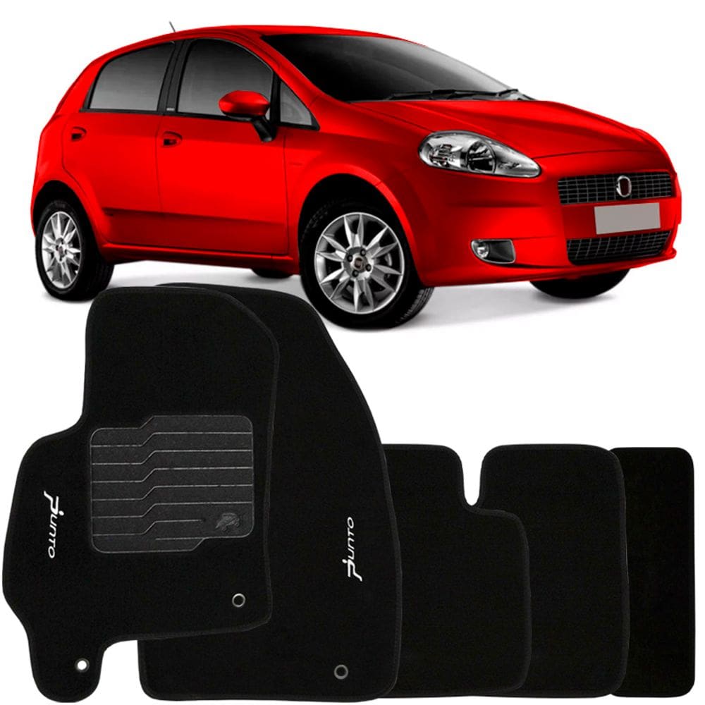 Jogo de Tapete Automotivo Carpete Fiat Punto 2007 à 2012 Soft Logo Bordado Preto 5 Peças