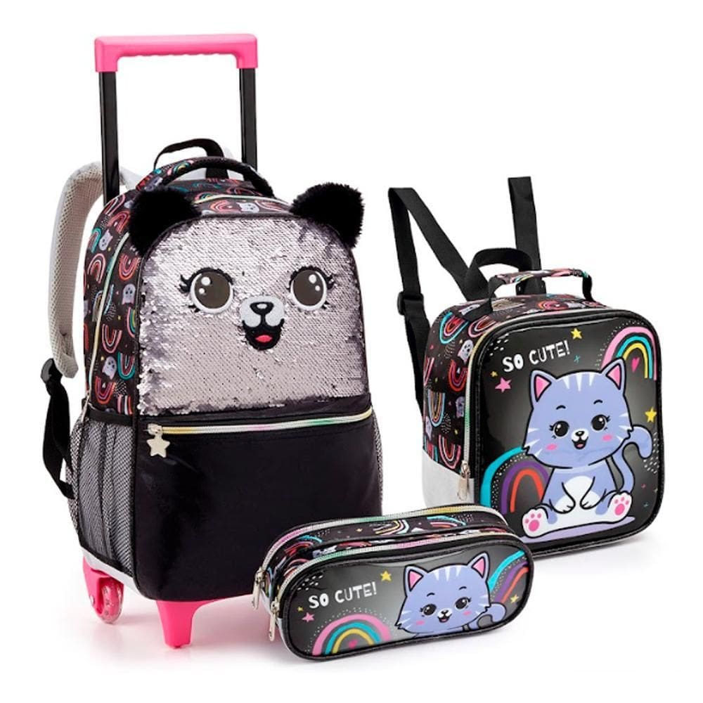 Mochila De Rodinha + Lancheira + Estojo Gato Com Paête Preto