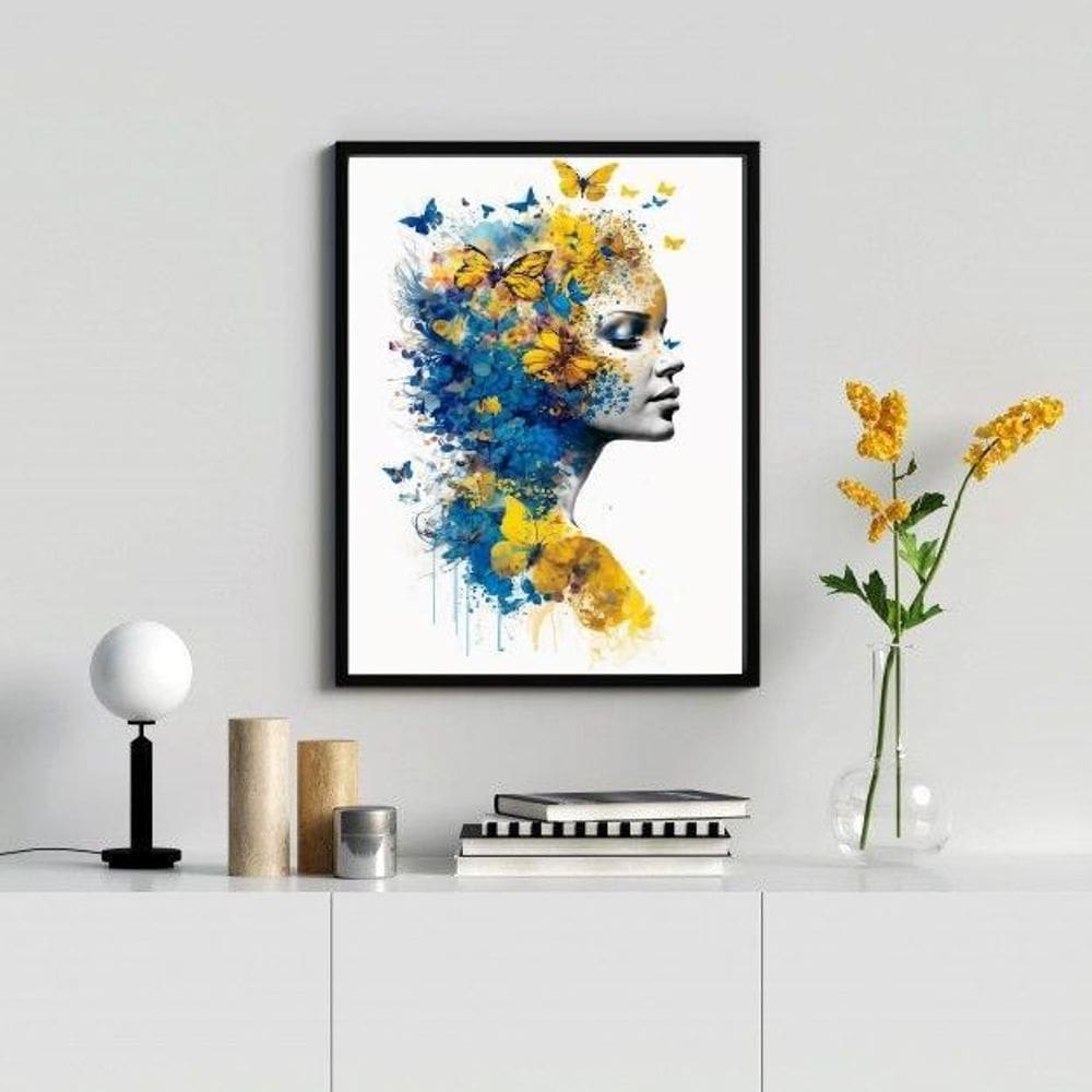 Quadro Mulher Borboletas Azul/Amarelo 24X18Cm Madeira Bran
