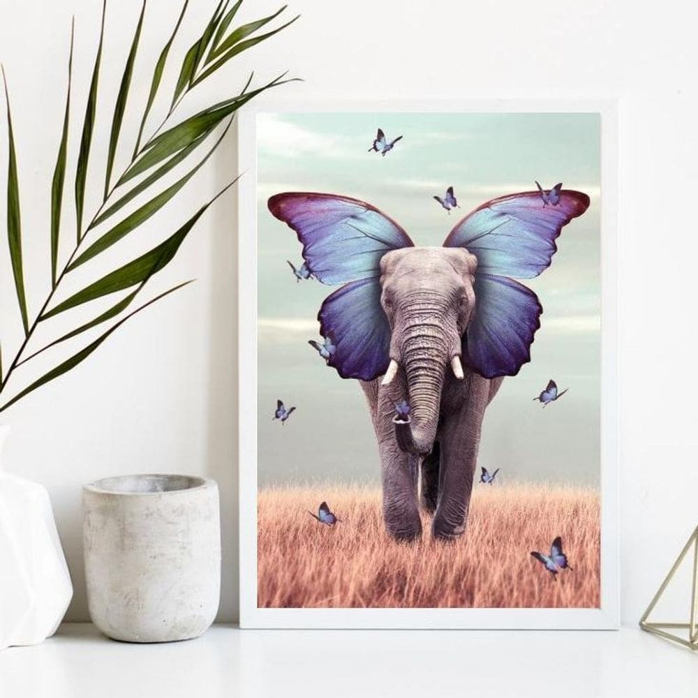 Quadro Decorativo Elefante Borboleta Azul 45X34Cm Moldura