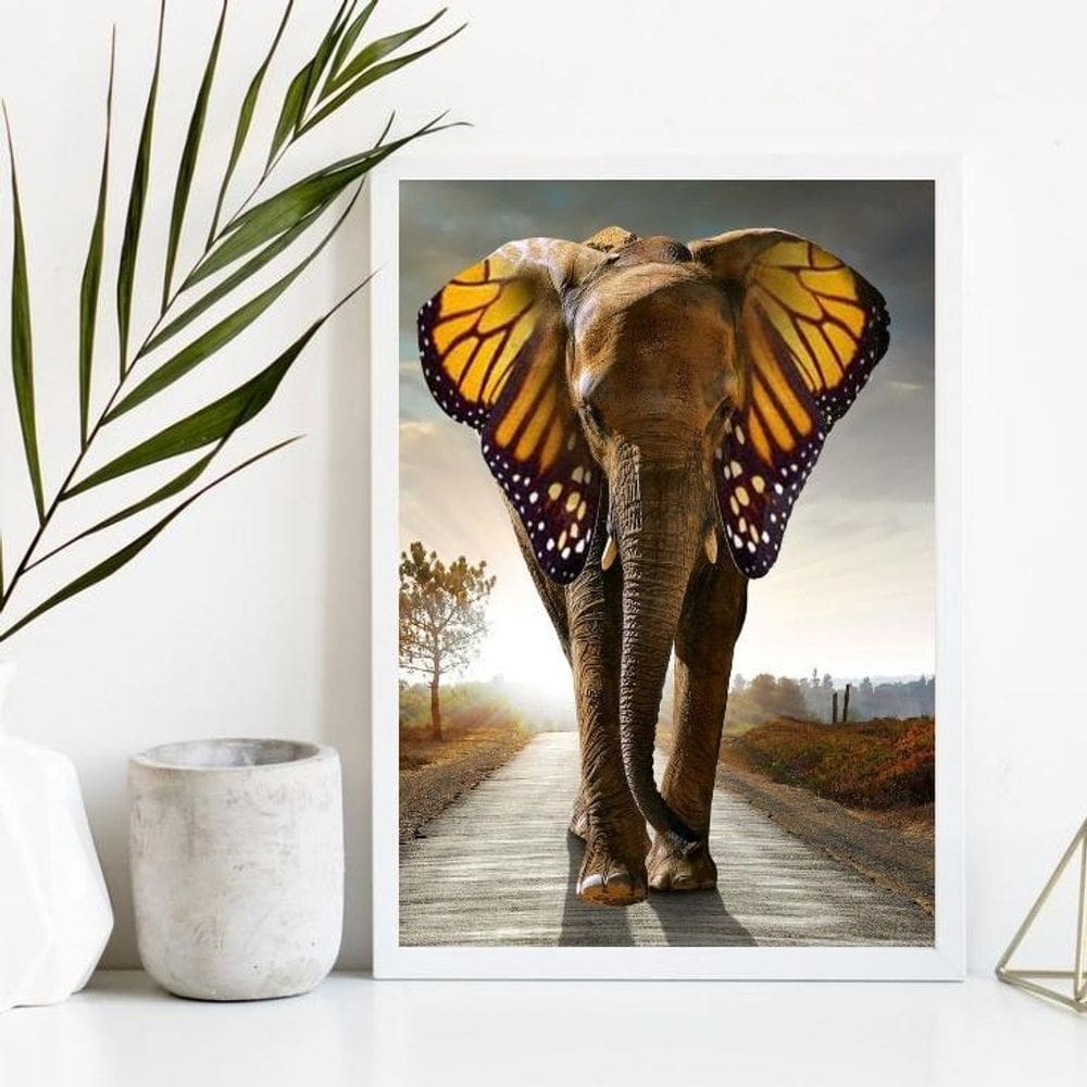 Quadro Elefante Asas Borboleta 33X24Cm Moldura Madeira Pre