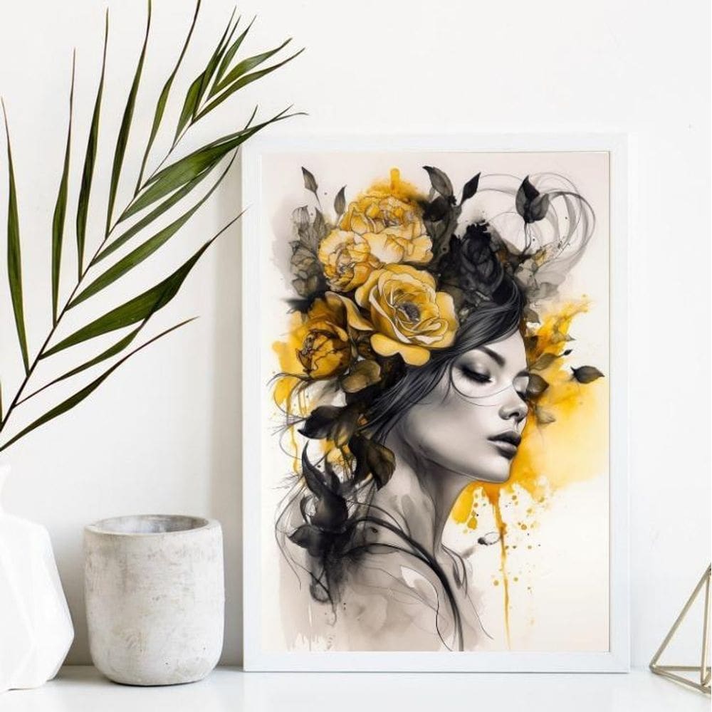 Quadro Decorativo Flores Amarelas Pretas 45X34Cm Moldura B