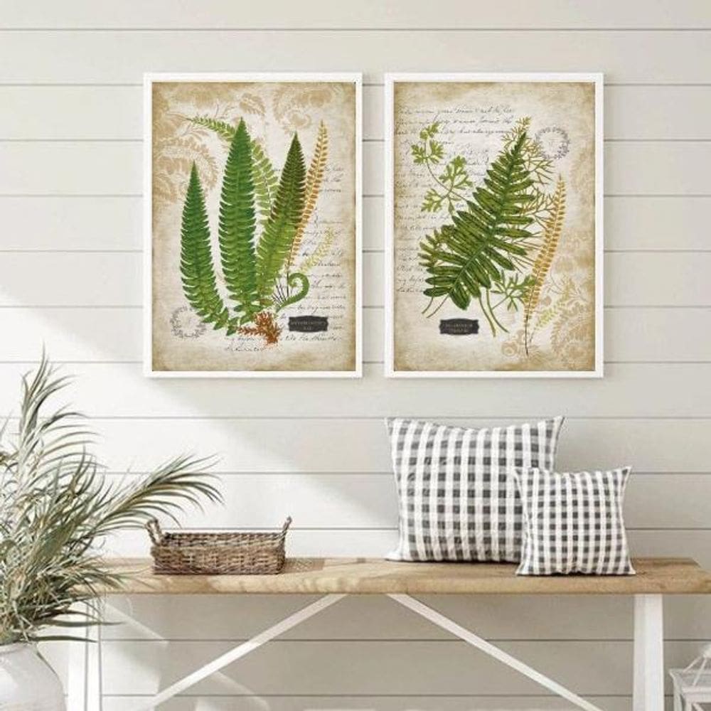 Kit 2 Quadros Botânica Vintage 33X24Cm Moldura Madeira Pre