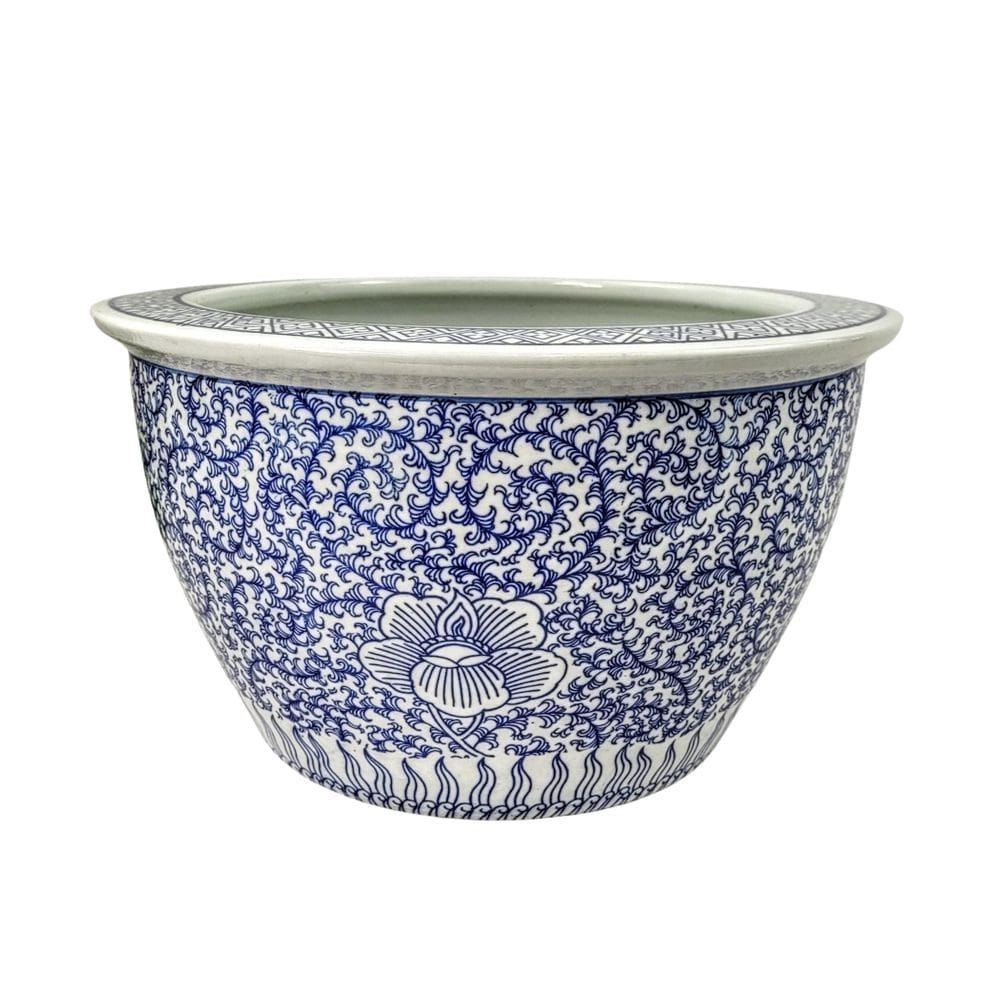 Vaso Cachepot Porcelana Azul E Branco Floral Arabesco 40Cm