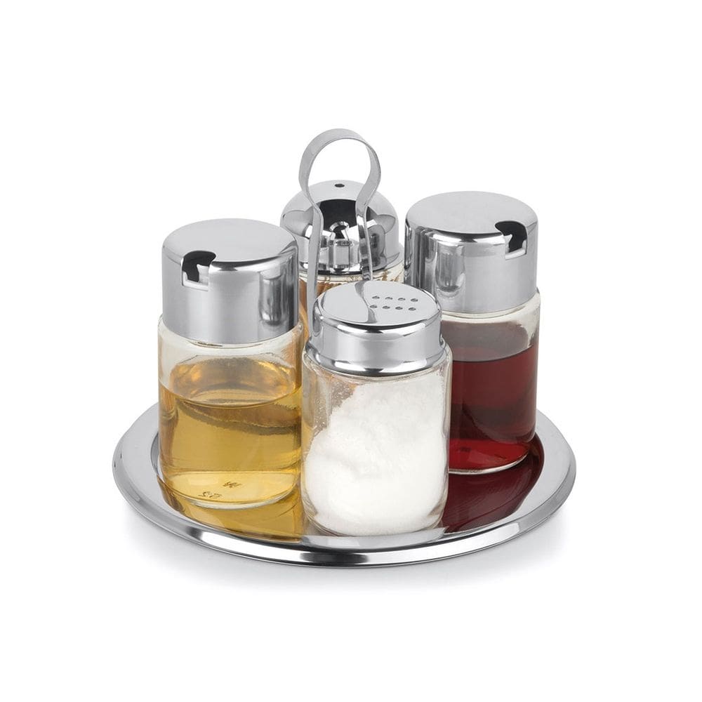Galheteiro Redondo Azeite Vinagre Sal E Palito Vidro e Inox