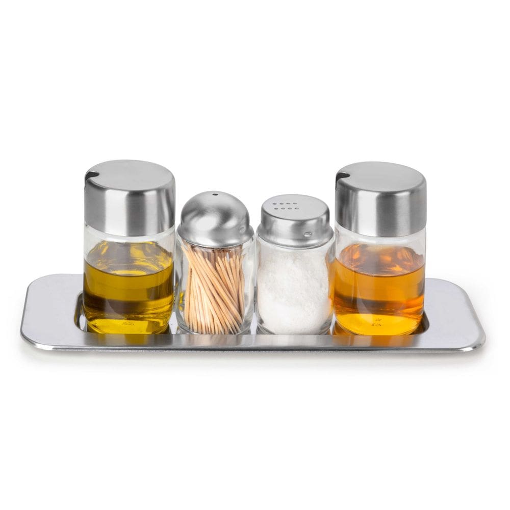 Galheteiro Retangular Azeite Vinagre Sal E Palito Inox Vidro