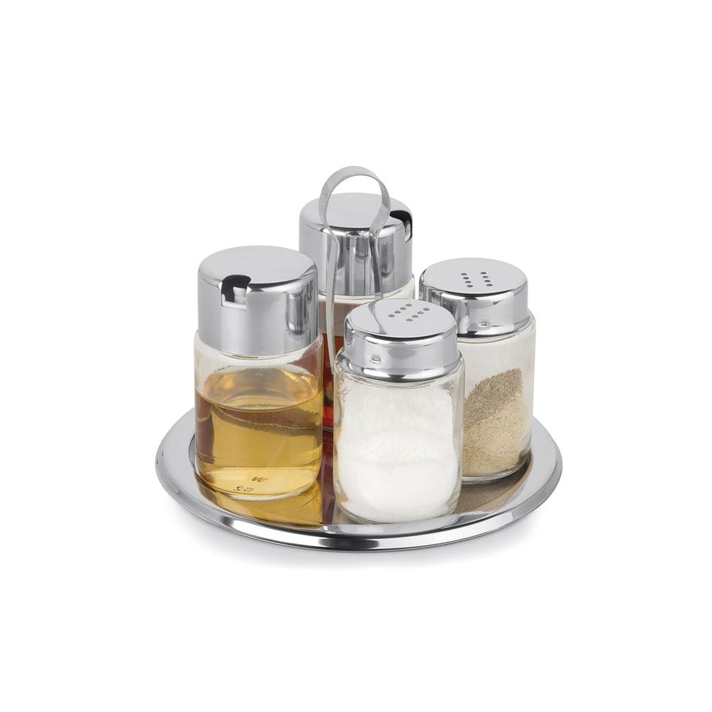 Kit Porta Azeite Inox Vidro Galheteiro Redondo 5 Peças Forma