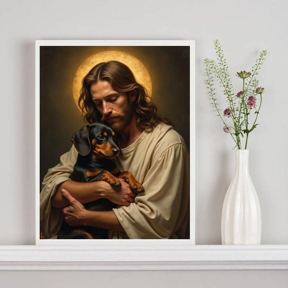 Quadro Jesus Com Cão Dachshund No Colo 33X24Cm