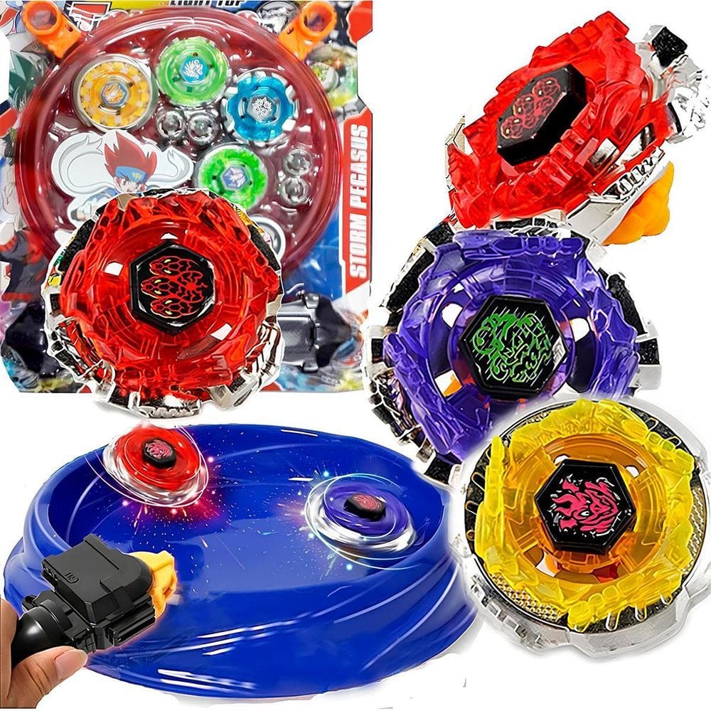 Kit 4 Beyblade Metal Fusion Led Tornado Arena 2 Lançadores