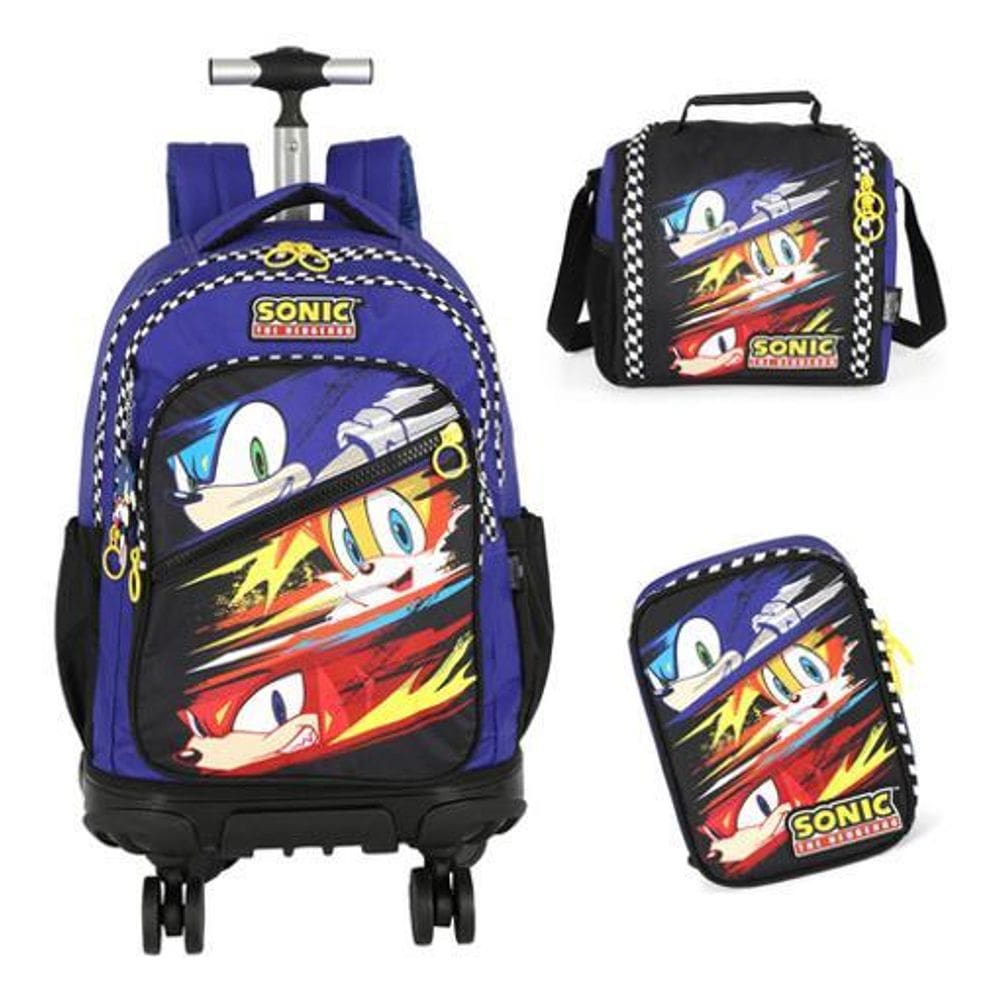 Kit Mochila Rodinhas 360 Lancheira Estojo Sonic