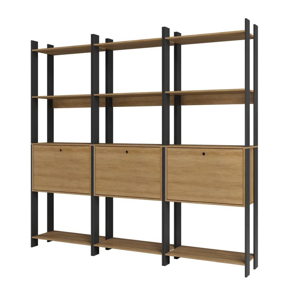 Kit 3 Estantes para Livros 3 Portas 15 Prateleiras Estilo Industrial Marrom/Preto - BRV Móveis