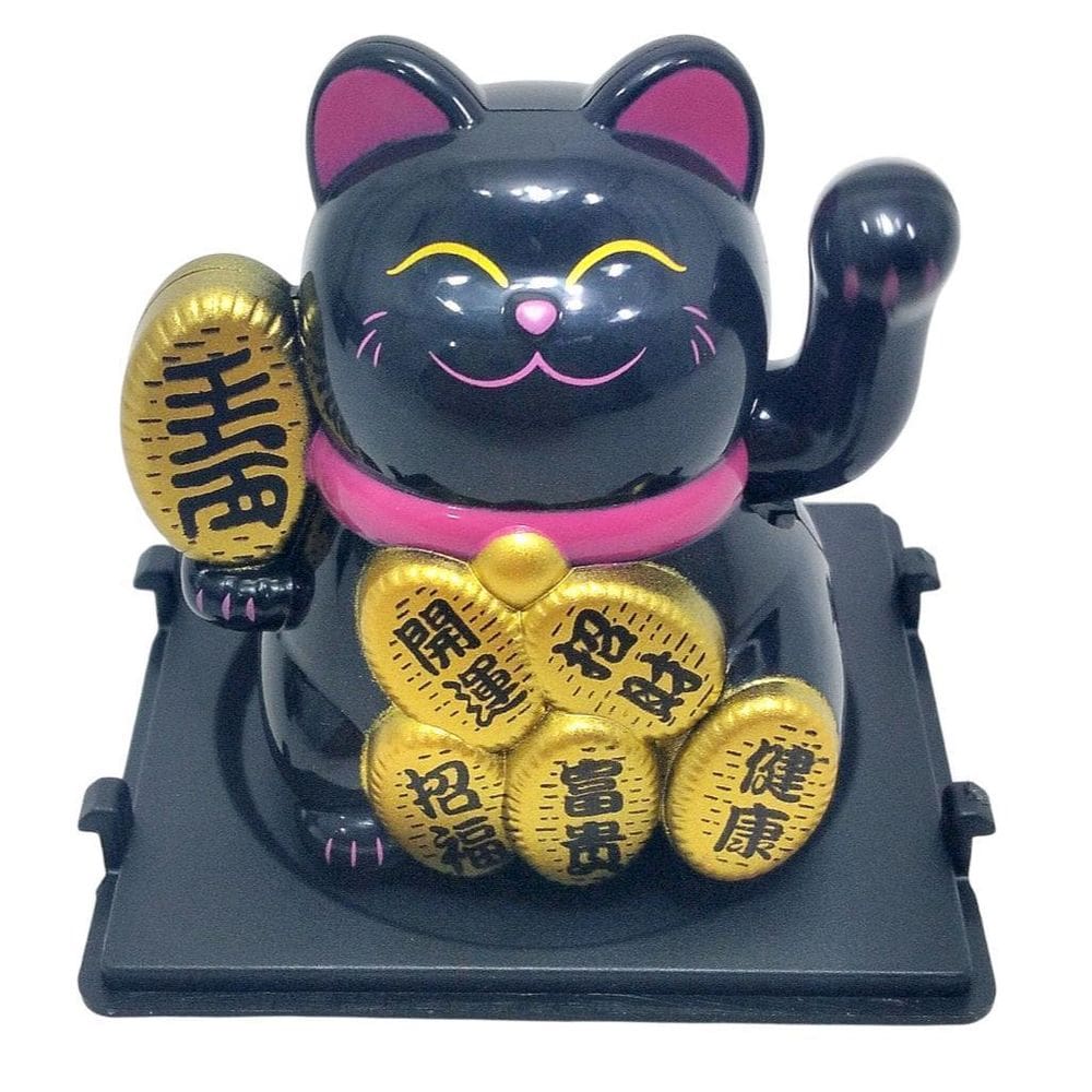 Maneki Neko Gato Da Sorte Preto 5 Cm Alt. Moedas Luz Solar