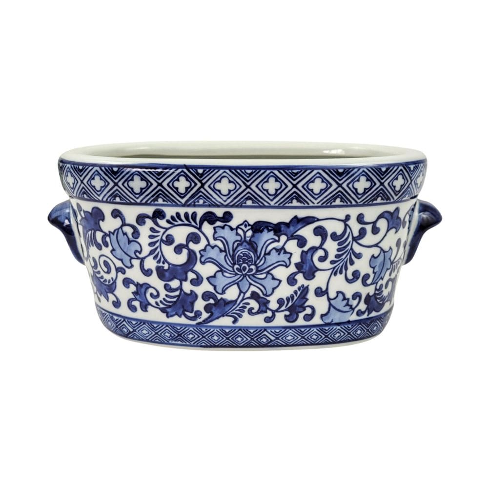 Vaso Cachepot Oval Porcelana Azul E Branco Floral 24Cm