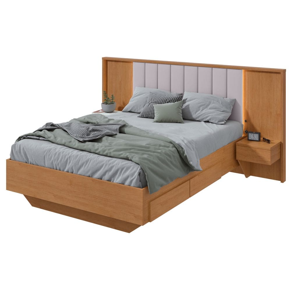 Cama Casal 140cm com USB, USB-C e 2 Mesas de Cabeceira Solaris - Lopas