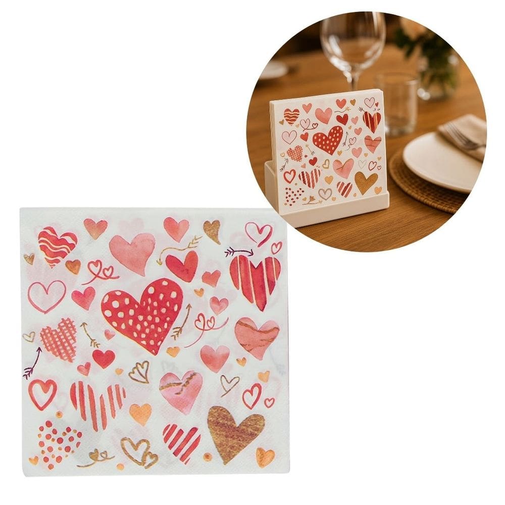 Guardanapo Estampado Corações Branco e Vermelho 20 Folhas 16cm - Tuut