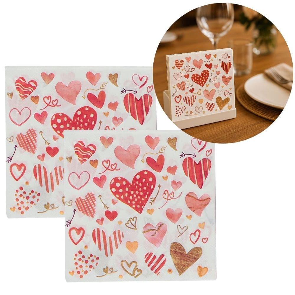 Kit Guardanapo Estampado Corações Branco e Vermelho 40 Folhas 16cm - Tuut
