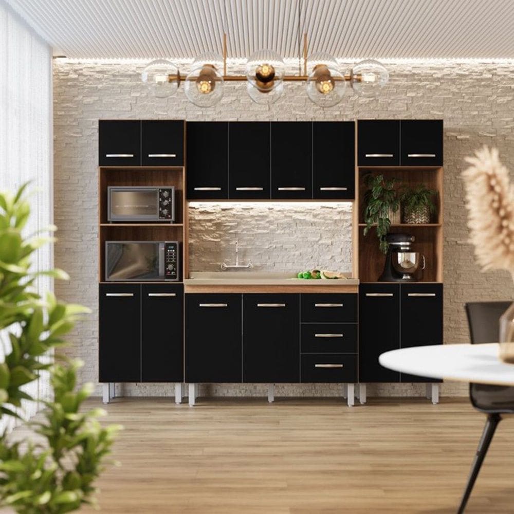 Cozinha Modulada Completa 14 Portas e 03 Gavetas Mara Savana Preto Moblis