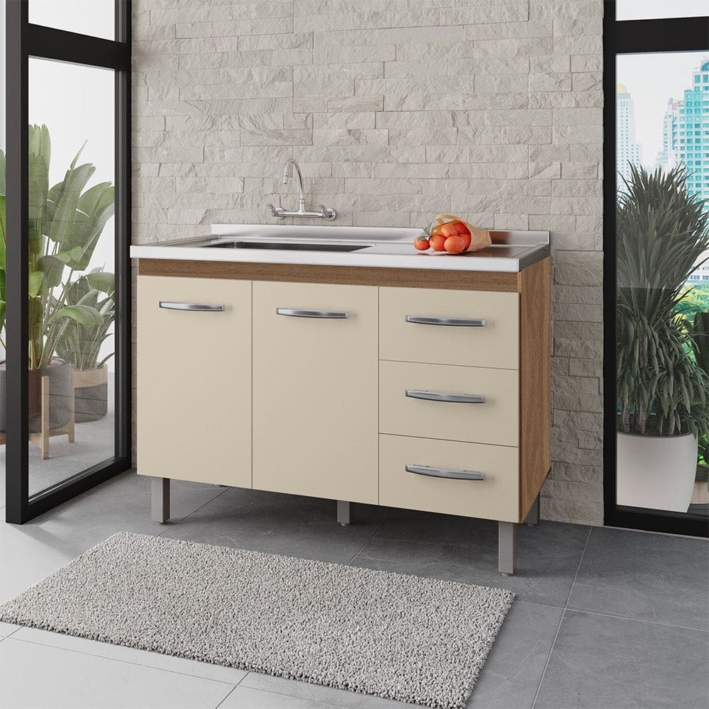Balcão para Pia 120cm com 02 Portas e 03 Gavetas Bianca Savana Off White Moblis