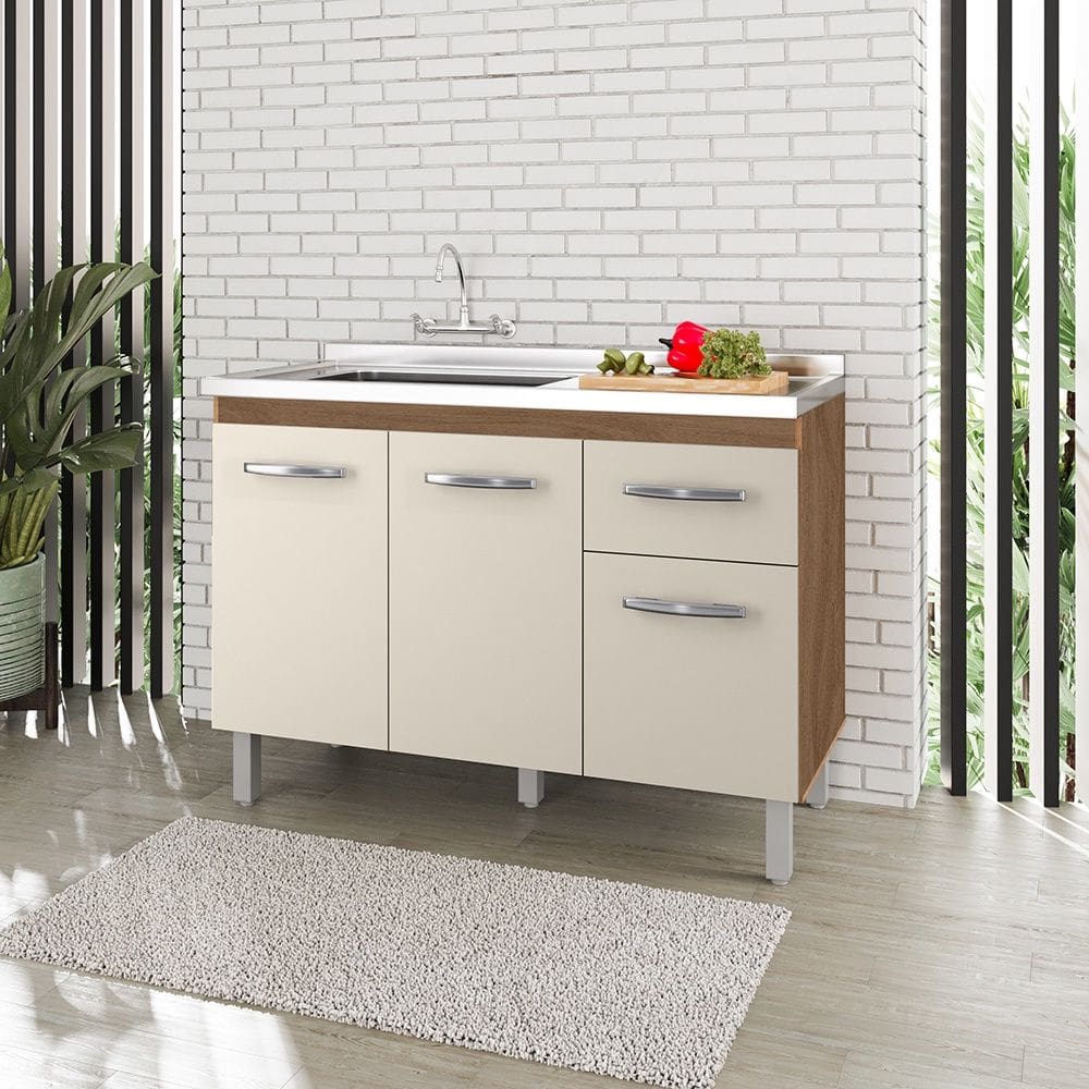 Balcão para Pia 120cm com 03 Portas e 01 Gaveta Anita Savana Off White Moblis