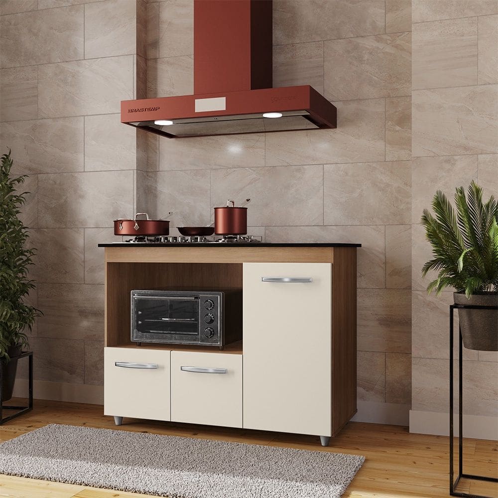 Balcão Ana Para Cooktop e Forno Micro-ondas 03 Portas Savana Off White Moblis