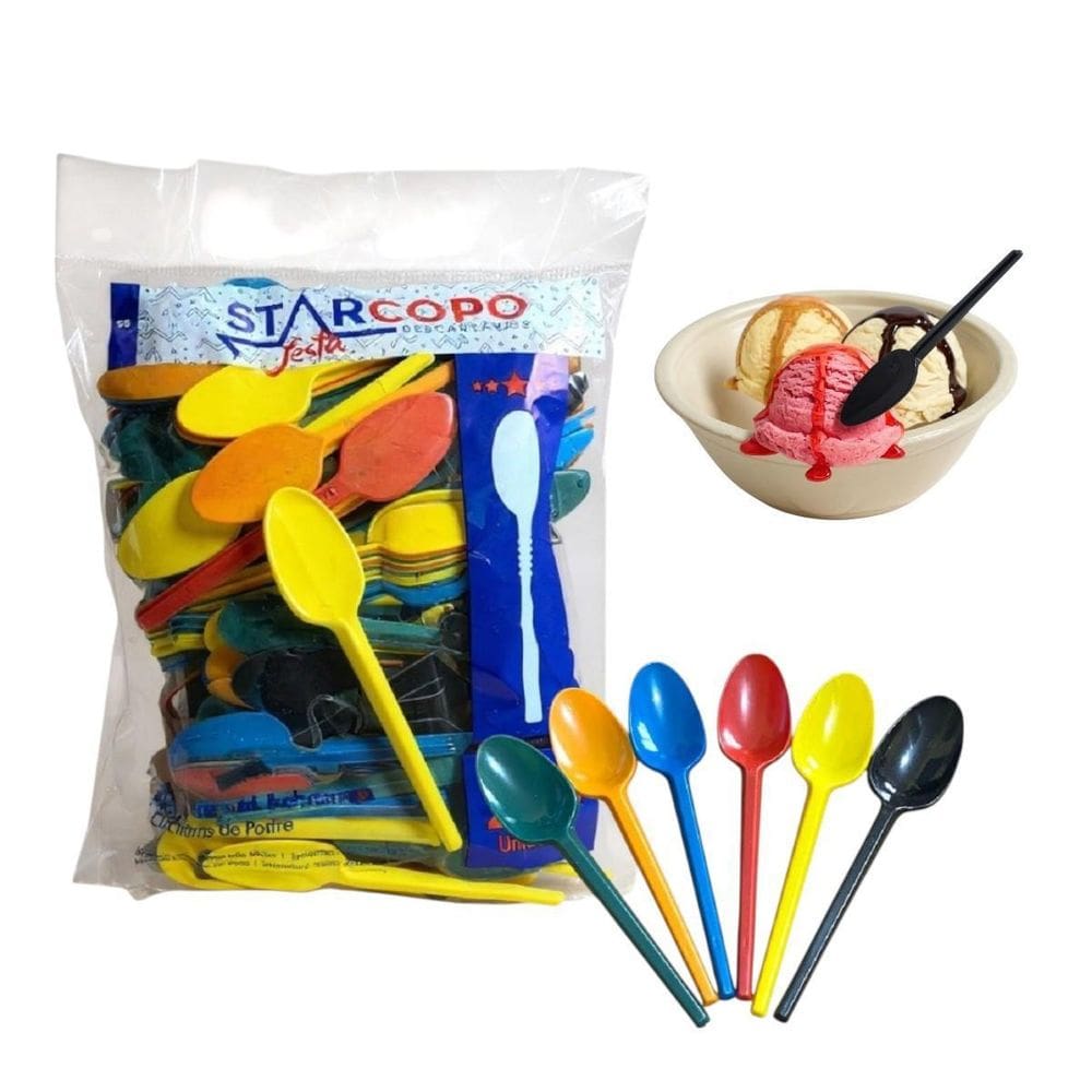 Kit 200 Colheres Sobremesa Colorida Plástico Festas Eventos