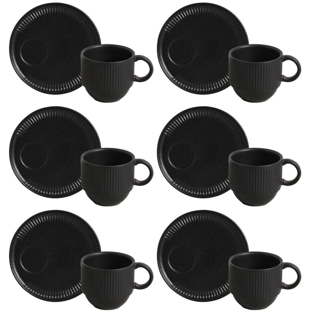 Conjunto de 6 Xícaras de Chá com Pires Stoneware Linhas Preto Matt 230ml - Porto Brasil