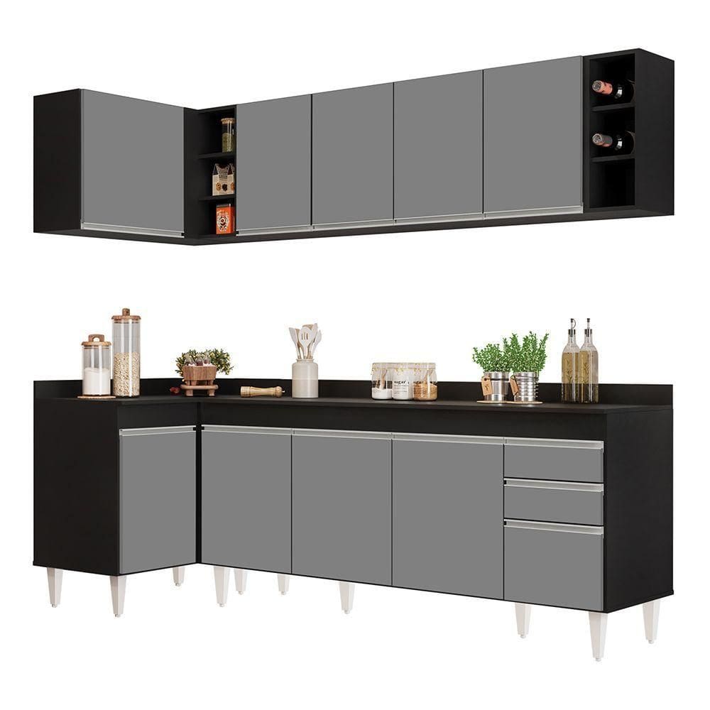 Armário De Cozinha Modulado De Canto Direito 5 Peças Cp44 Balcão Com Tampo Preto/cinza - Lumil