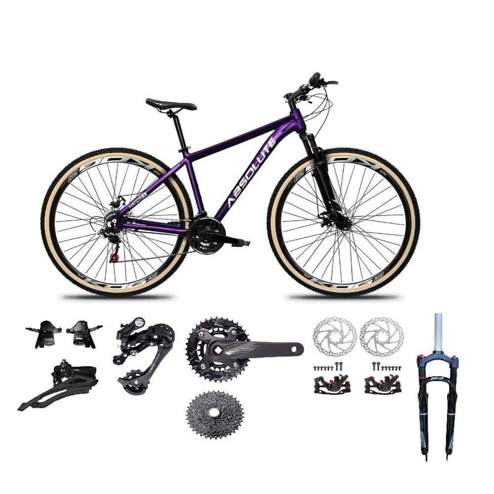 Bicicleta Aro 29 Absolute Nero 5 Kit 2x9 Gta Sunrun Freio Disco K7 Garfo C-trava Pneu C-faixa Roxo Tam.13.8