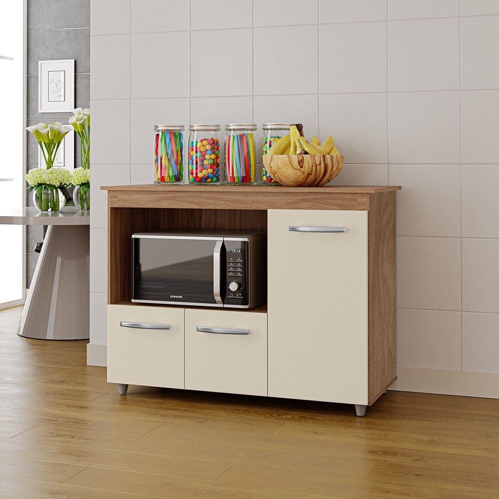 Armário Balcão Multiuso para Cozinha Micro-ondas e Forno Liza 03 Portas Savana Off White Moblis
