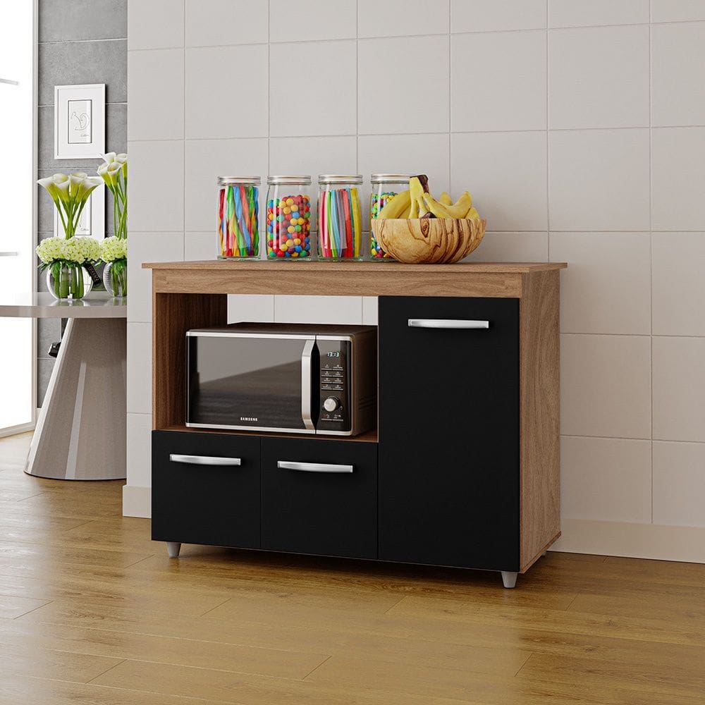 Armário Balcão Multiuso para Cozinha Micro-ondas e Forno Liza 03 Portas Savana Preto Moblis