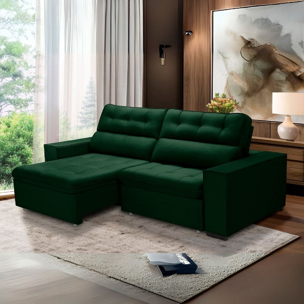 Sofa Retratil Reclinavel 2 Lugares 2,30 Vitória Veludo Verde LansofBr