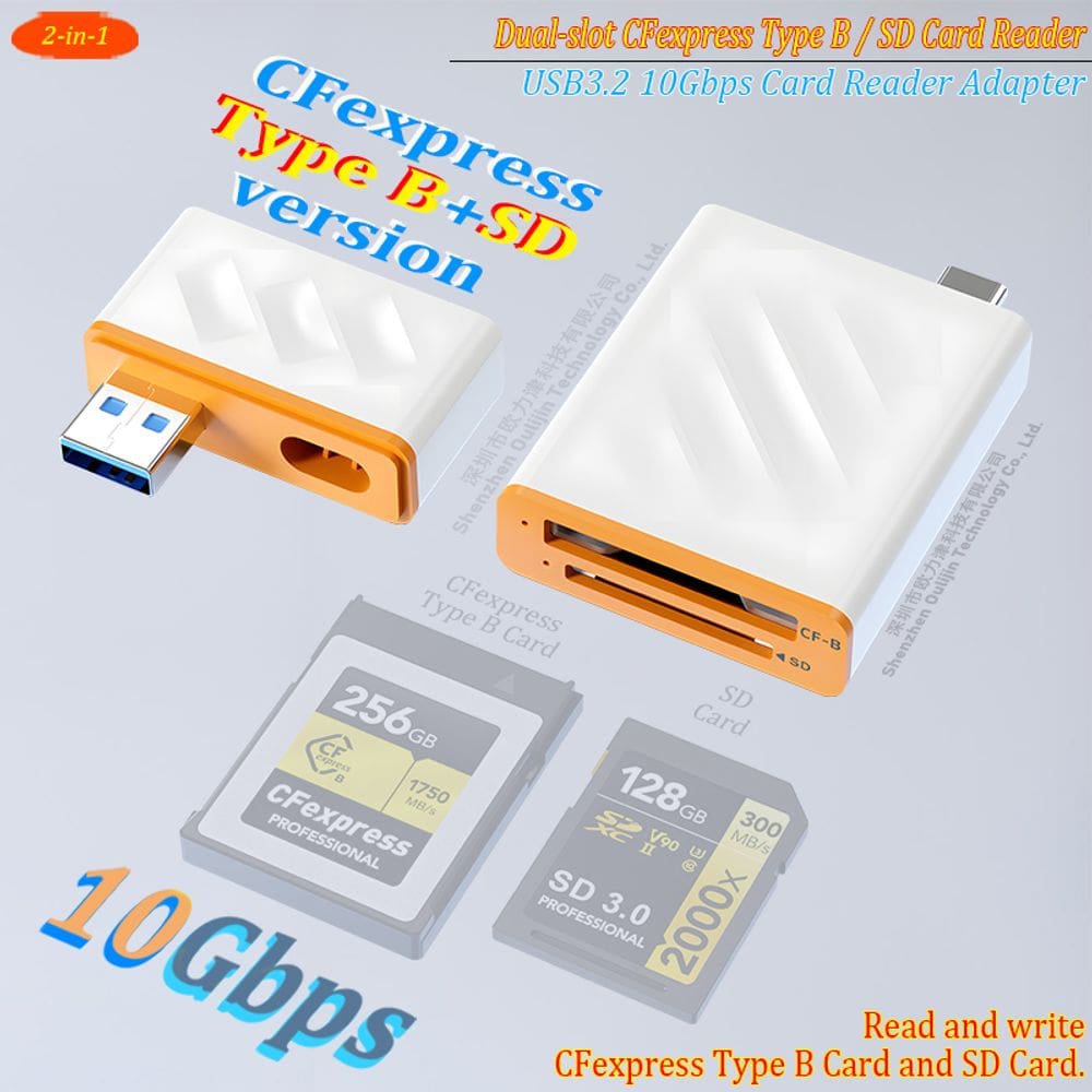 Leitor de cartão portátil Uogic de dois slots CFexpress Tipo B e SD USB 3.2 de 10 Gbps