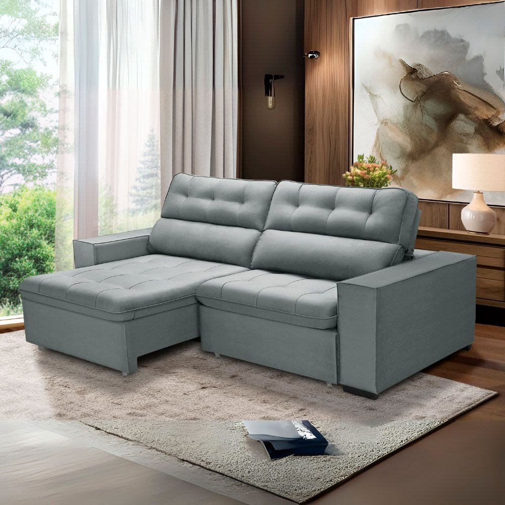 Sofa Retratil Reclinavel 2 Lugares 2,40 Vitória Veludo Cinza LansofBr