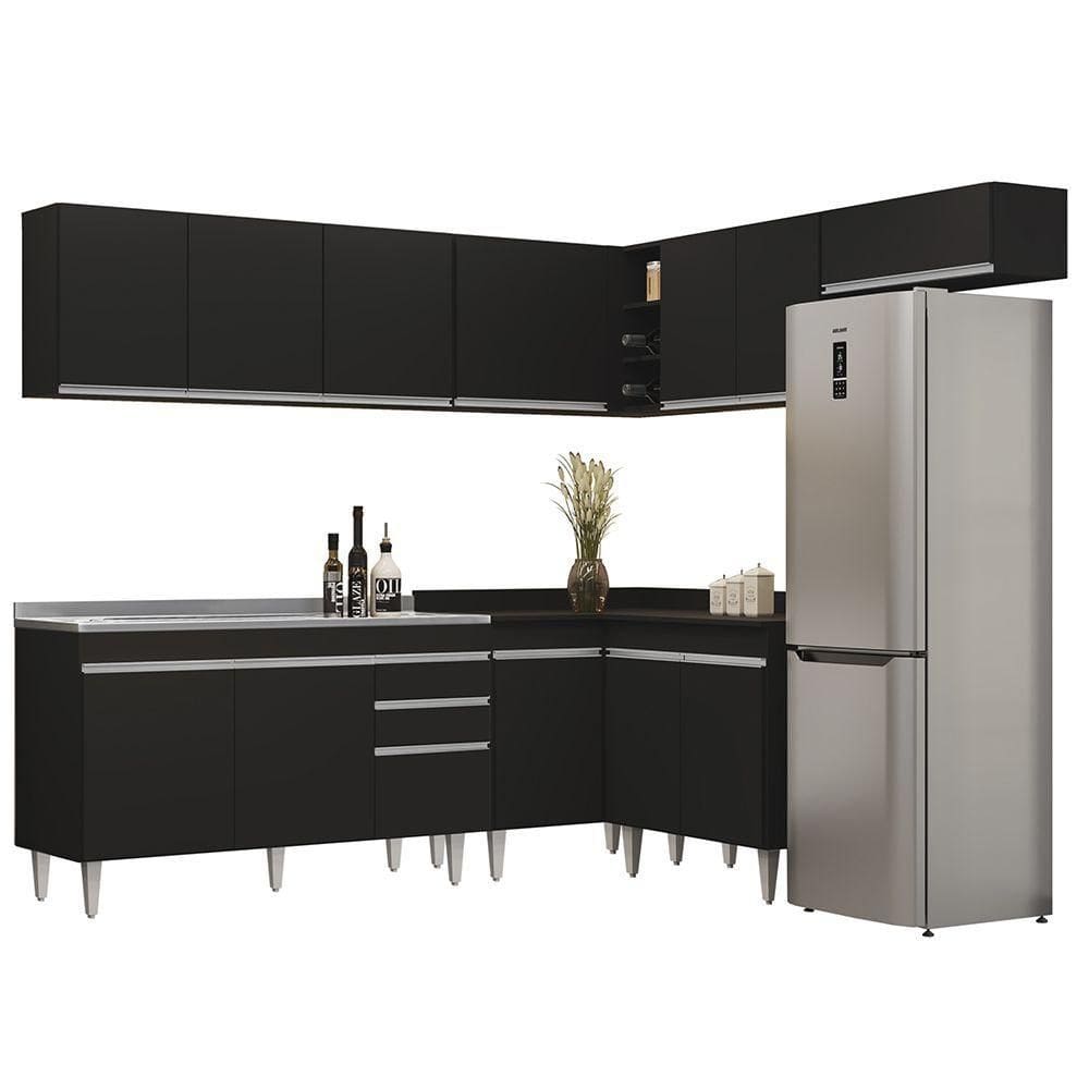 Armário De Cozinha Modulado De Canto 7 Peças Cp24 Com Pia Inox Preto