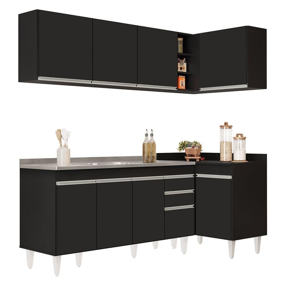 Armário De Cozinha Modulado De Canto Esquerdo 4 Peças Cp51 Com Pia Inox Preto
