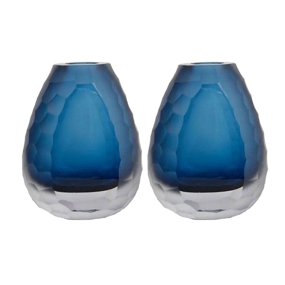 Kit 2 Vaso Oval Vidro Murano Italiano 17X14Cm Pequeno Azul