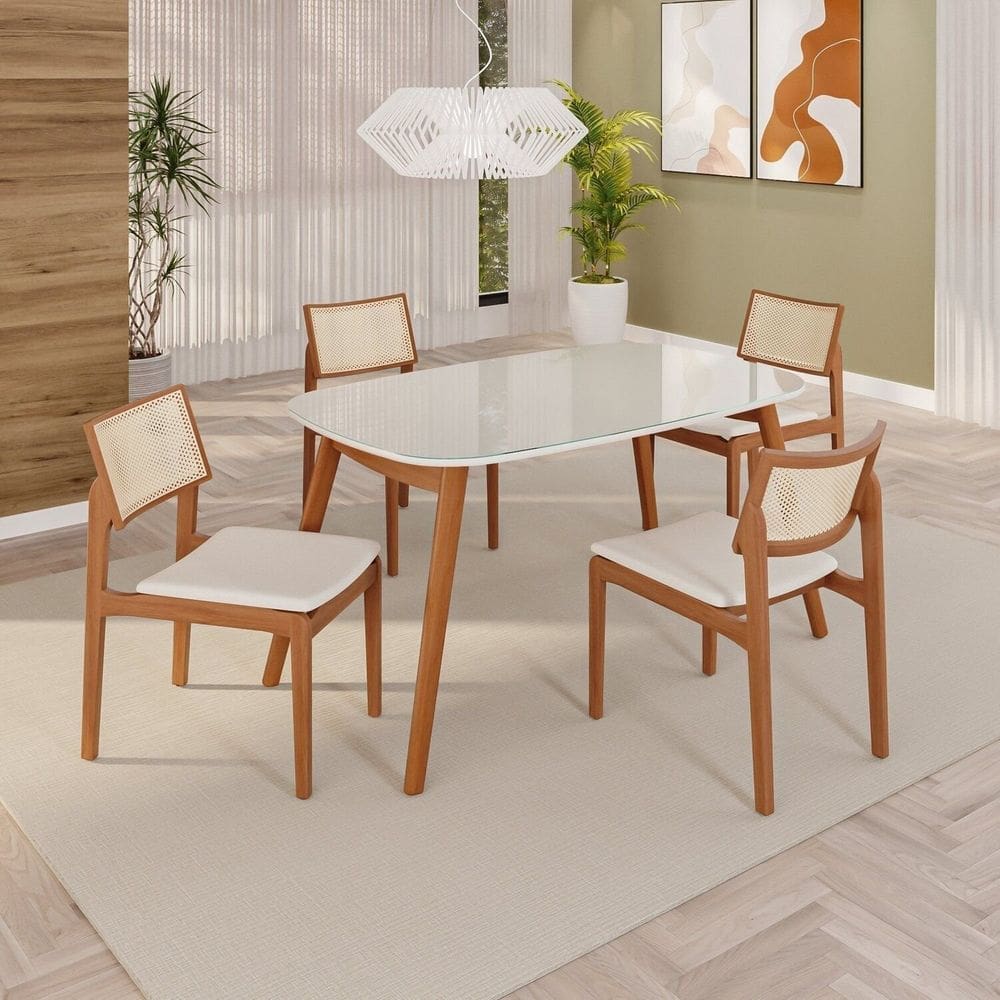 Sala de Jantar Mesa 135x76cm Tampo em Mdf com Vidro 4 Cadeiras em Linho Ceci Yescasa Naturalissimo / Laca / Off White
